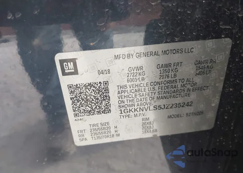 2018 GMC Acadia Slt-1 из США, поврежденный, VIN 1GKKNVLS5JZ235242